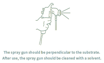 The spray gun should be perpendicular to the sustrate. After use, the spray gun should be cleaned with a solvent.